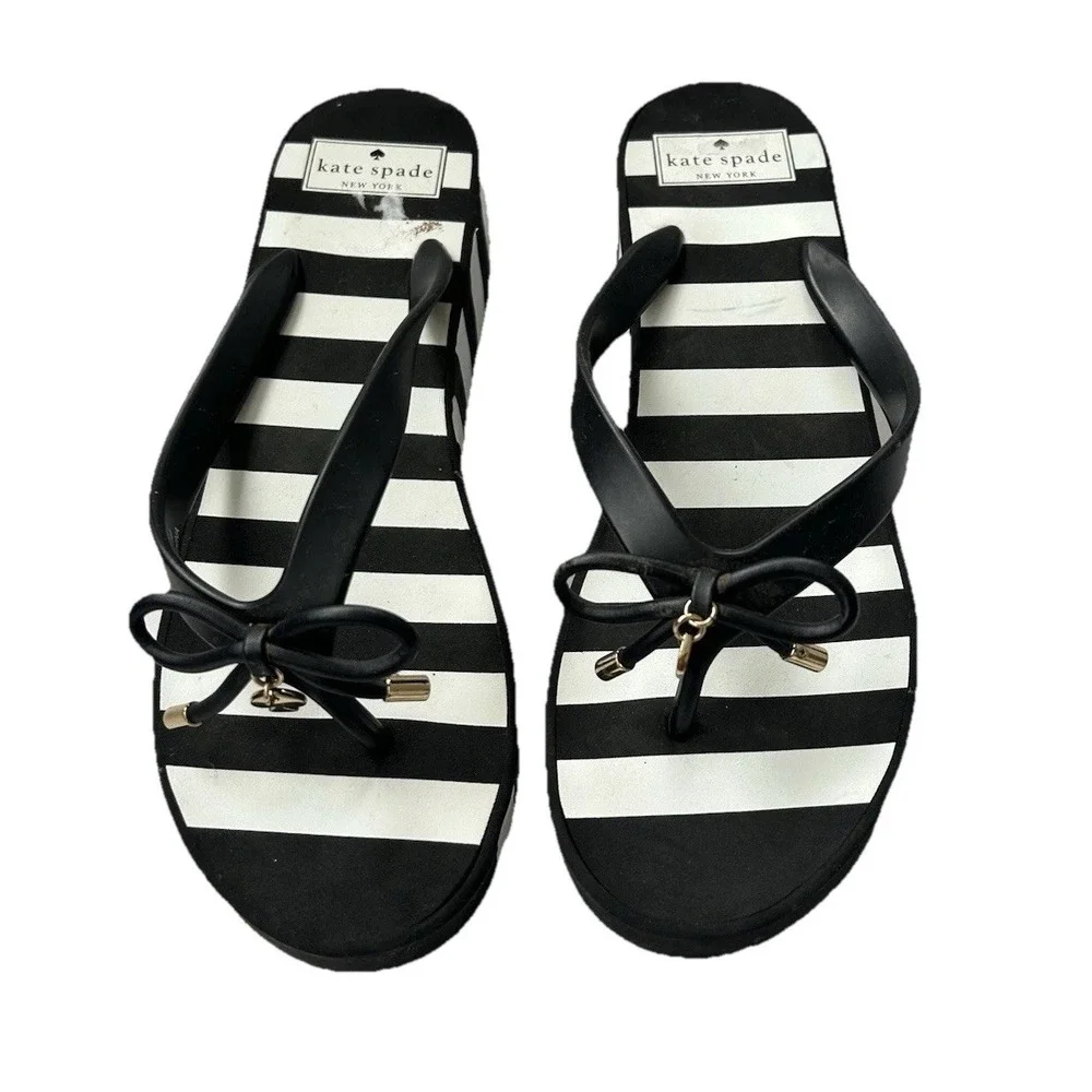 KATE SPADE Black & White Striped Platform Wedge Flip Flop Sandals Womens 9M - Picture 1 of 5